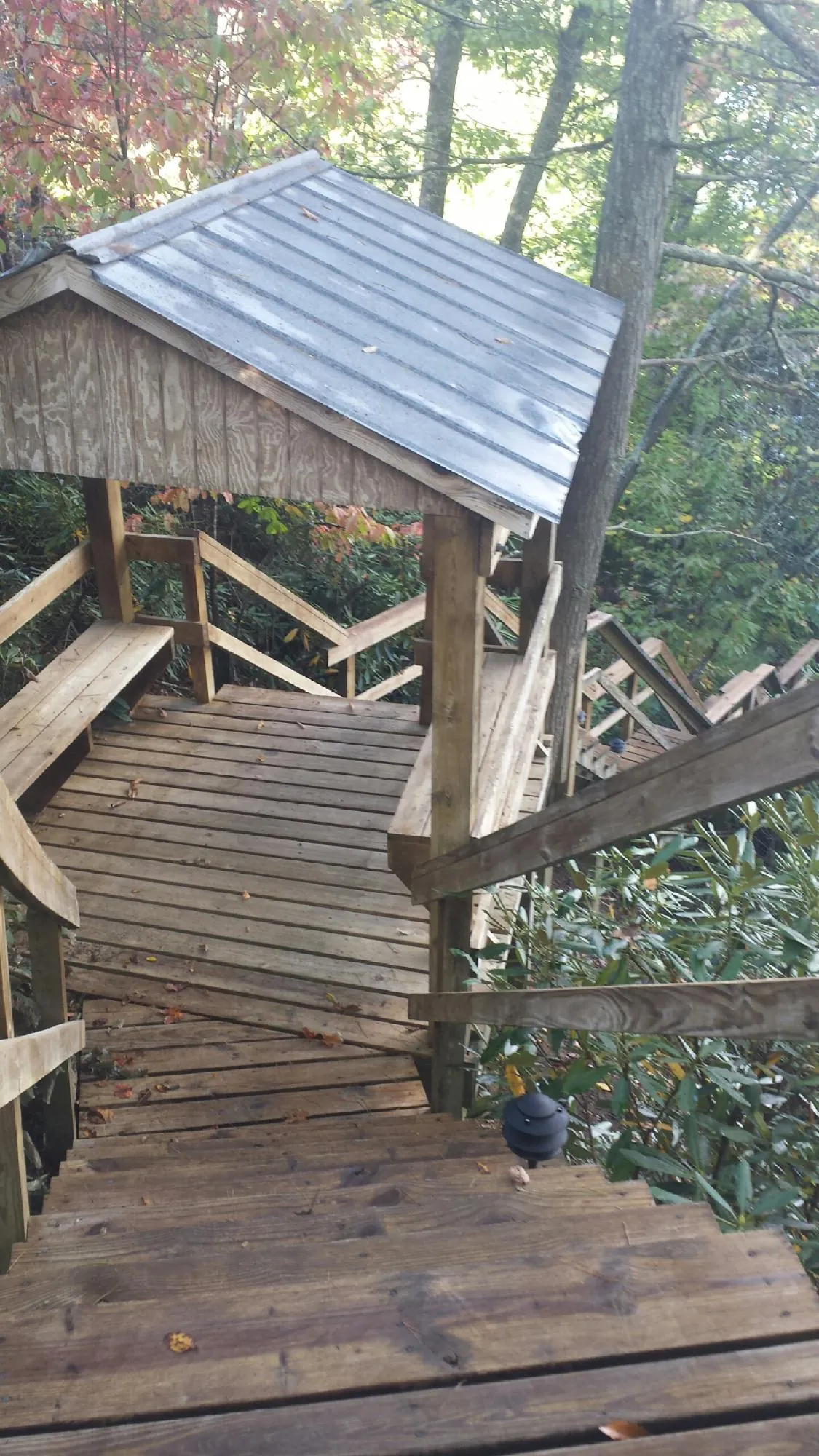 Metal roofed shelter over wooden steps on a wooded walkway — Skylight Repair & Installation work by our crew in Worden
